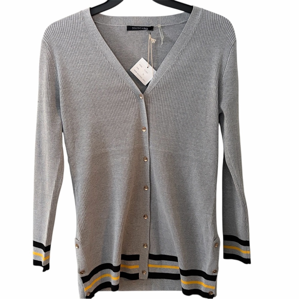 Dolce Cabo Gray‎ Cardigan with Striped Hem